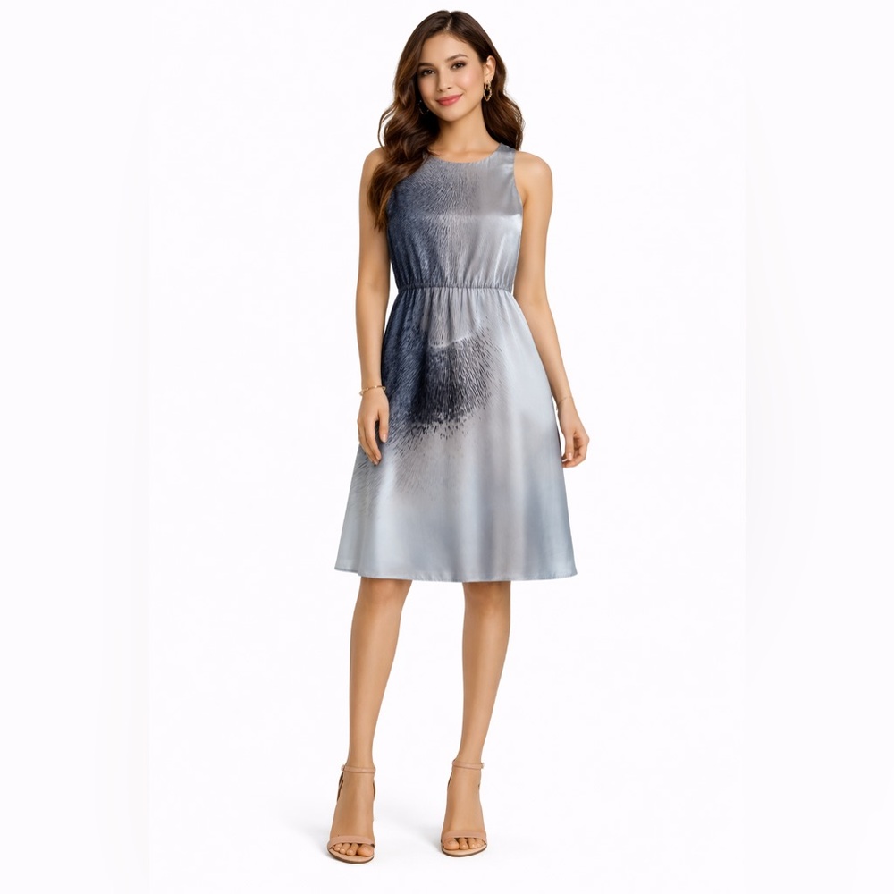 Vintage Halston Heritage Silk Silver-Blue Sleeveless Midi Dress